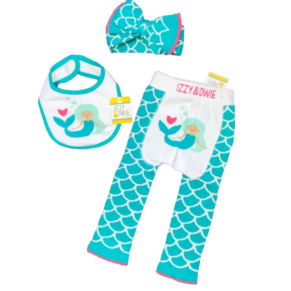 12-24m NEW Izzy & Owie Baby Girls Mermaid Leggings Bib Headband Outfit Set
